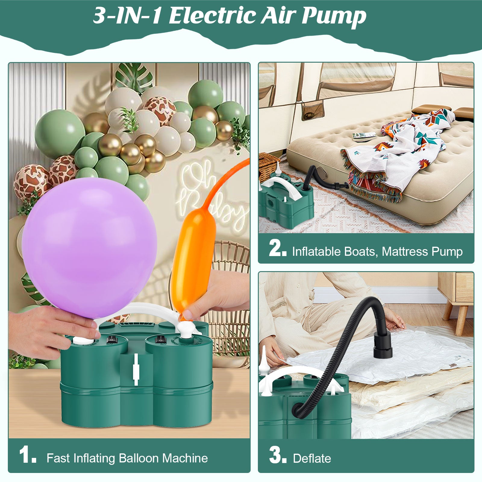 ID IDAODAN Electric Balloon Pump, Portable Electric Balloon Blower Machine Balloon Air Pump Dual Nozzle Rose Red 110V 600W Balloon Inflator for Party Decorations