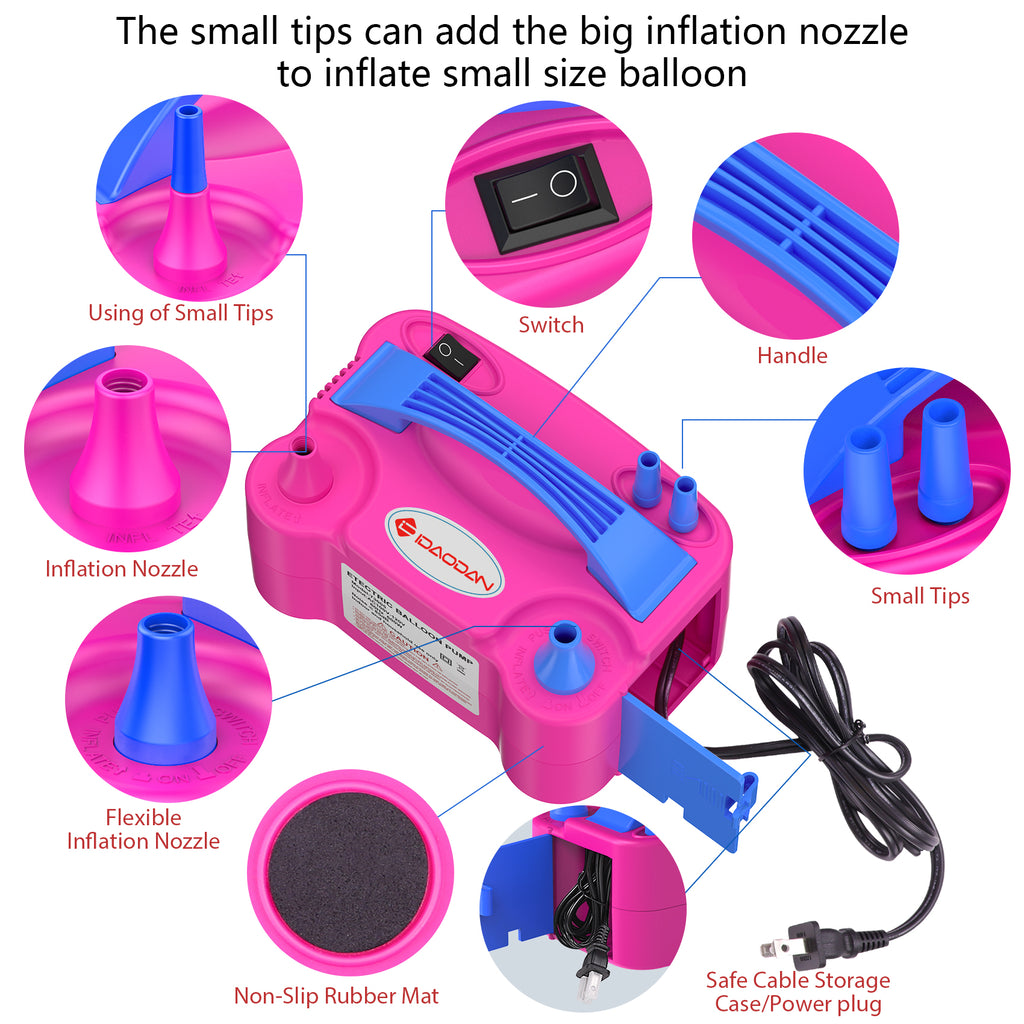 IDAODAN Electric Balloon Pump, Portable Electric Balloon Blower Machine Balloon Air Pump Dual Nozzle Rose Red 110V 600W Balloon Inflator for Party Decorations