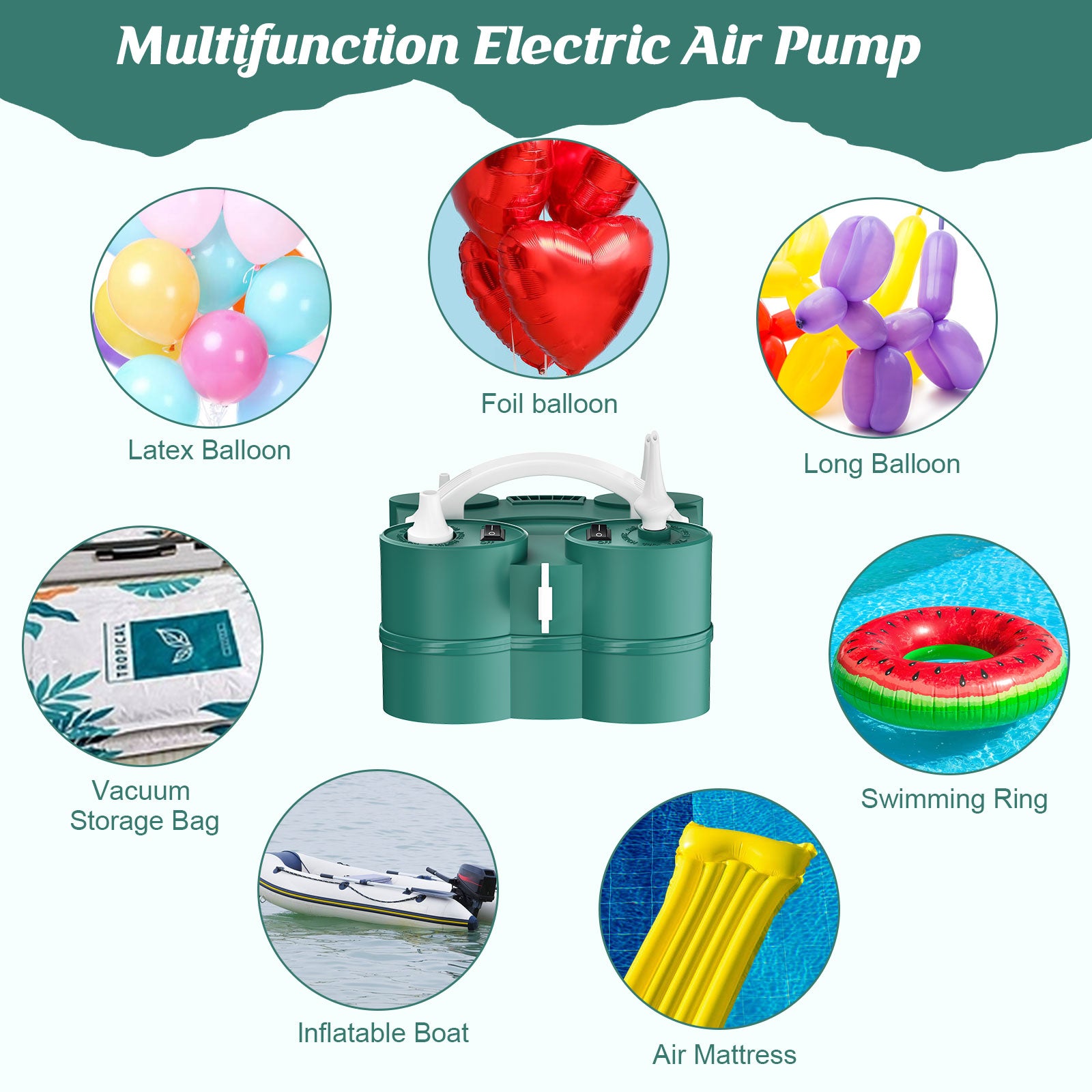 ID IDAODAN Electric Balloon Pump, Portable Electric Balloon Blower Machine Balloon Air Pump Dual Nozzle Rose Red 110V 600W Balloon Inflator for Party Decorations